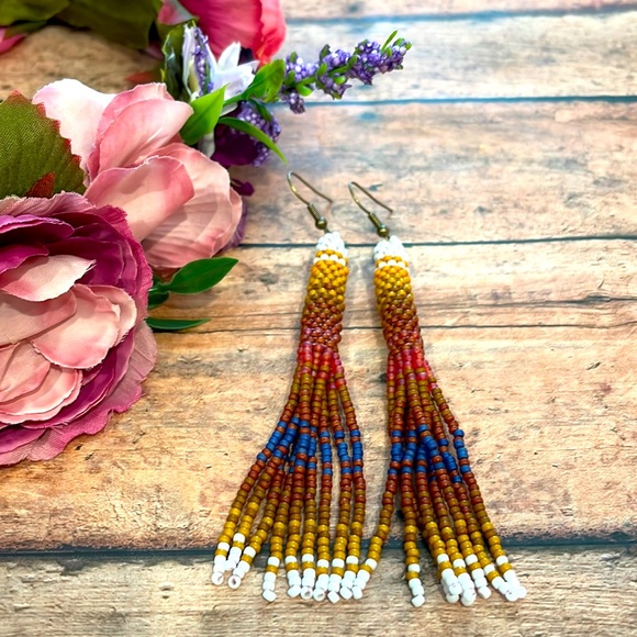 Tassel Brown and Blue Earring - Picture 4 of 5